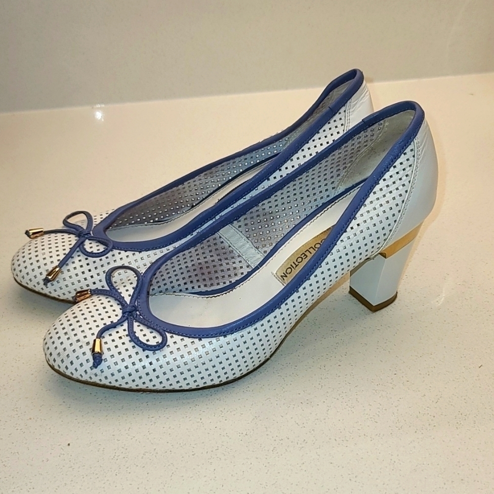 Elche Perforated Leather White & Blue Shoes heels round toe  EUR 37